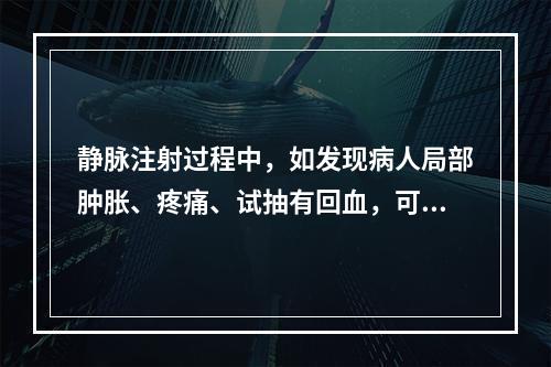 静脉注射过程中，如发现病人局部肿胀、疼痛、试抽有回血，可能原