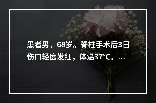 患者男，68岁。脊柱手术后3日伤口轻度发红，体温37℃。下列