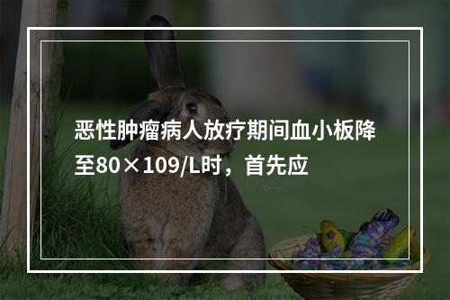 恶性肿瘤病人放疗期间血小板降至80×109/L时，首先应