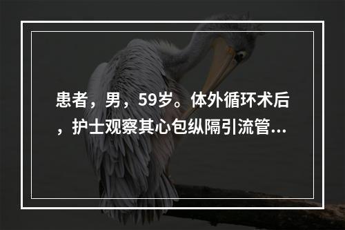 患者，男，59岁。体外循环术后，护士观察其心包纵隔引流管引流