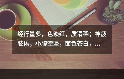 经行量多，色淡红，质清稀；神疲肢倦，小腹空坠，面色苍白，方选