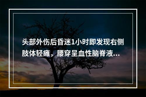 头部外伤后昏迷1小时即发现右侧肢体轻瘫，腰穿呈血性脑脊液，以