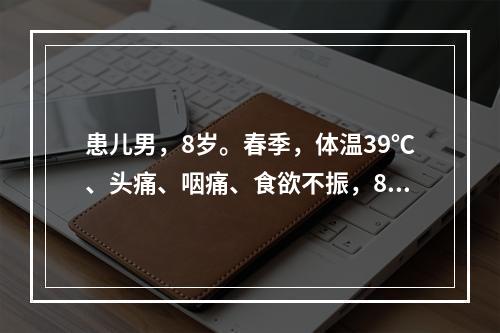 患儿男，8岁。春季，体温39℃、头痛、咽痛、食欲不振，8小时