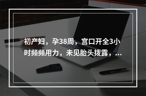 初产妇，孕38周，宫口开全3小时频频用力，未见胎头拨露，检查