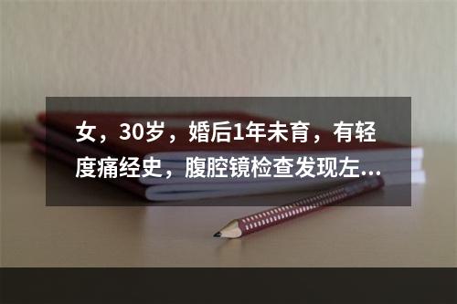 女，30岁，婚后1年未育，有轻度痛经史，腹腔镜检查发现左侧卵