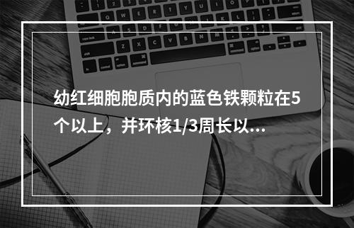 幼红细胞胞质内的蓝色铁颗粒在5个以上，并环核1/3周长以上分