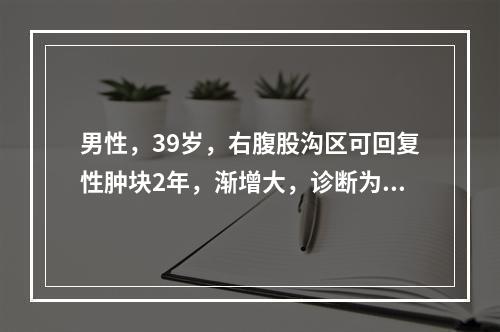 男性，39岁，右腹股沟区可回复性肿块2年，渐增大，诊断为右腹