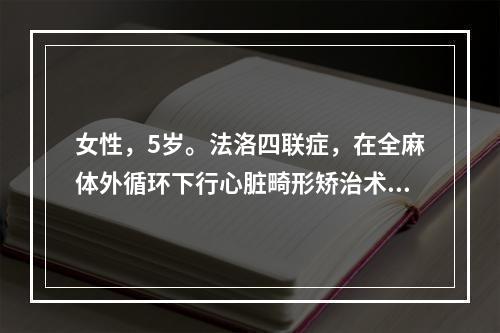 女性，5岁。法洛四联症，在全麻体外循环下行心脏畸形矫治术。心