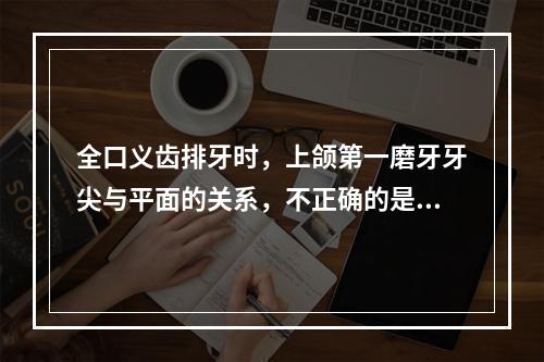 全口义齿排牙时，上颌第一磨牙牙尖与平面的关系，不正确的是（