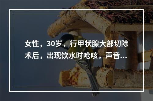 女性，30岁，行甲状腺大部切除术后，出现饮水时呛咳，声音无