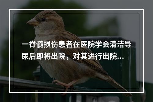 一脊髓损伤患者在医院学会清洁导尿后即将出院，对其进行出院指