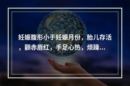 妊娠腹形小于妊娠月份，胎儿存活，颧赤唇红，手足心热，烦躁不安