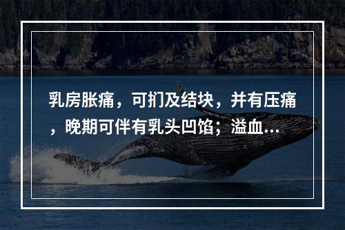 乳房胀痛，可扪及结块，并有压痛，晚期可伴有乳头凹馅；溢血表皮