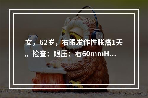 女，62岁，右眼发作性胀痛1天。检查：眼压：右60mmHg，