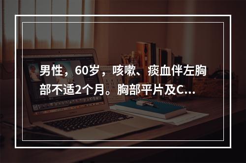 男性，60岁，咳嗽、痰血伴左胸部不适2个月。胸部平片及CT检