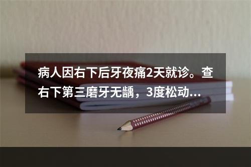 病人因右下后牙夜痛2天就诊。查右下第三磨牙无龋，3度松动，叩