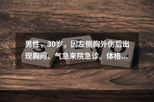 男性，30岁，因左侧胸外伤后出现胸闷、气急来院急诊。体格检查