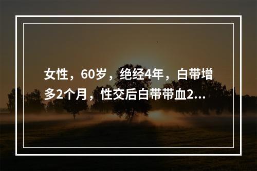 女性，60岁，绝经4年，白带增多2个月，性交后白带带血2次就