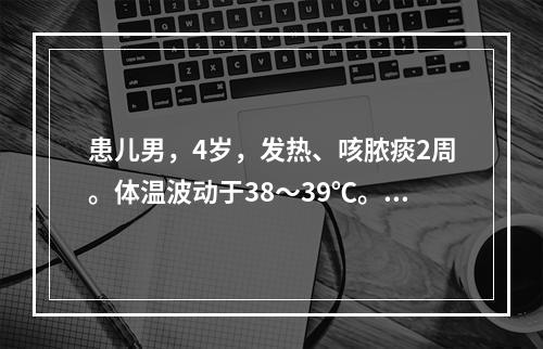 患儿男，4岁，发热、咳脓痰2周。体温波动于38～39℃。X线