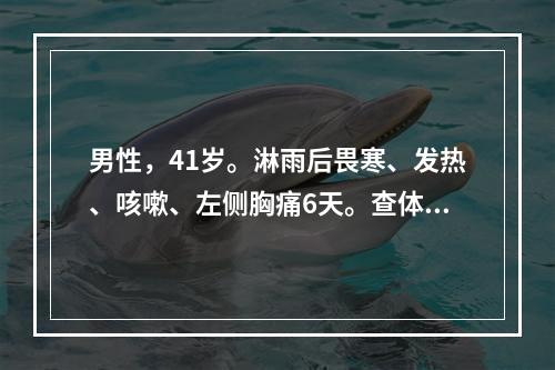 男性，41岁。淋雨后畏寒、发热、咳嗽、左侧胸痛6天。查体：左