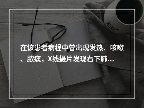 在该患者病程中曾出现发热、咳嗽、脓痰，X线摄片发现右下肺叶片