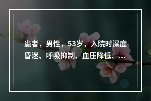 患者，男性，53岁，入院时深度昏迷、呼吸抑制、血压降低、体温