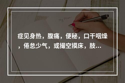 症见身热，腹痛，便秘，口干咽燥，倦怠少气，或撮空摸床，肢体震