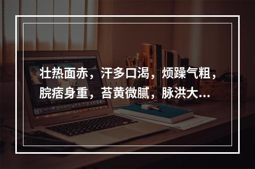 壮热面赤，汗多口渴，烦躁气粗，脘痞身重，苔黄微腻，脉洪大滑数