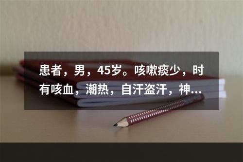 患者，男，45岁。咳嗽痰少，时有咳血，潮热，自汗盗汗，神疲乏