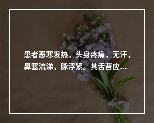 患者恶寒发热，头身疼痛，无汗，鼻塞流涕，脉浮紧。其舌苔应是