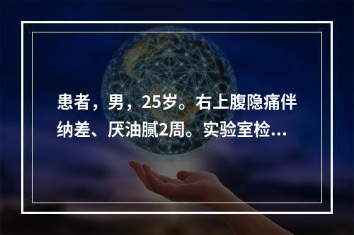 患者，男，25岁。右上腹隐痛伴纳差、厌油腻2周。实验室检查：