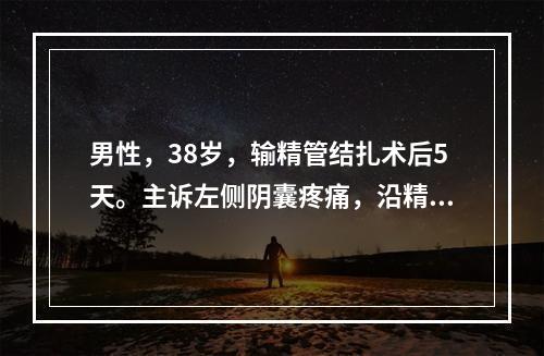 男性，38岁，输精管结扎术后5天。主诉左侧阴囊疼痛，沿精索放