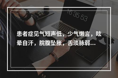 患者症见气短声低，少气懒言，眩晕自汗，脘腹坠胀，舌淡脉弱，宜