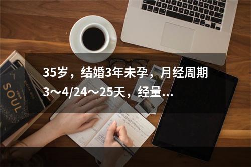 35岁，结婚3年未孕，月经周期3～4/24～25天，经量正常