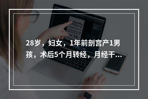 28岁，妇女，1年前剖宫产1男孩，术后5个月转经，月经干净后