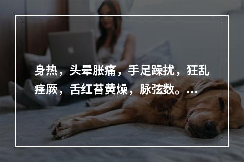 身热，头晕胀痛，手足躁扰，狂乱痉厥，舌红苔黄燥，脉弦数。治宜