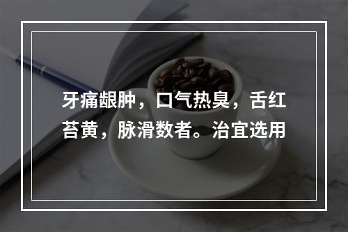 牙痛龈肿，口气热臭，舌红苔黄，脉滑数者。治宜选用