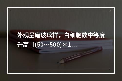 外观呈磨玻璃样，白细胞数中等度升高［(50～500)×10/