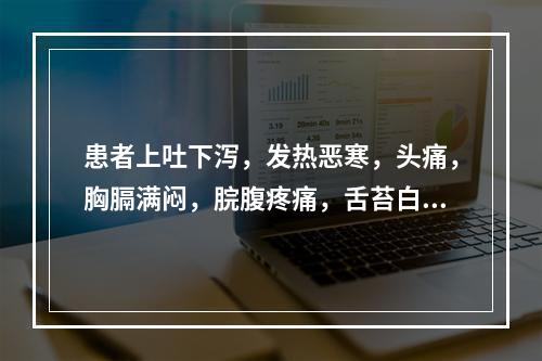 患者上吐下泻，发热恶寒，头痛，胸膈满闷，脘腹疼痛，舌苔白腻，