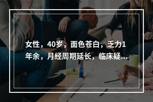 女性，40岁，面色苍白，乏力1年余，月经周期延长，临床疑有内