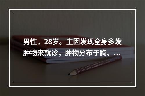 男性，28岁。主因发现全身多发肿物来就诊，肿物分布于胸、腹壁