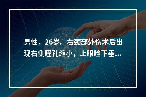 男性，26岁。右颈部外伤术后出现右侧瞳孔缩小，上眼睑下垂，眼