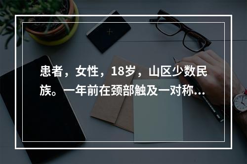 患者，女性，18岁，山区少数民族。一年前在颈部触及一对称性包