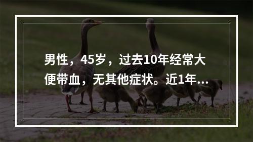 男性，45岁，过去10年经常大便带血，无其他症状。近1年便血