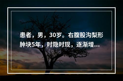 患者，男，30岁。右腹股沟梨形肿块5年，时隐时现，逐渐增大，