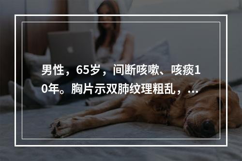 男性，65岁，间断咳嗽、咳痰10年。胸片示双肺纹理粗乱，透亮