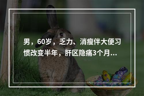 男，60岁，乏力、消瘦伴大便习惯改变半年，肝区隐痛3个月。B