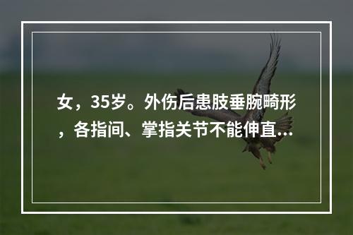 女，35岁。外伤后患肢垂腕畸形，各指间、掌指关节不能伸直，拇