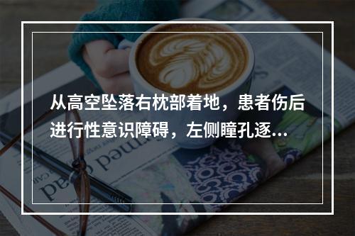 从高空坠落右枕部着地，患者伤后进行性意识障碍，左侧瞳孔逐渐散