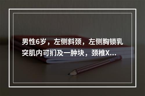 男性6岁，左侧斜颈，左侧胸锁乳突肌内可扪及一肿块，颈椎X线片